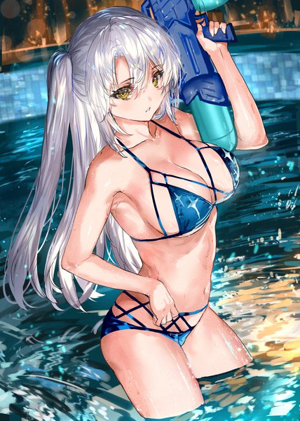 Anime picture 2139x3000 with original ranou single long hair tall image looking at viewer blush fringe highres breasts light erotic hair between eyes large breasts standing holding yellow eyes silver hair parted lips blurry wet
