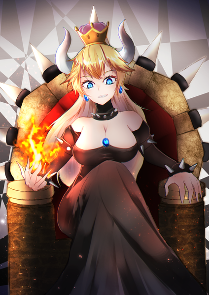 Anime picture 1860x2631 with super mario bros. new super mario bros. u deluxe bowsette selinentius single long hair tall image looking at viewer blush fringe highres breasts blue eyes light erotic blonde hair smile large breasts sitting cleavage horn (horns)