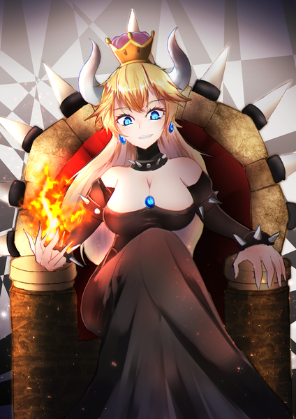 イラスト 1860x2631 と super mario bros. new super mario bros. u deluxe クッパ姫 selinentius ソロ 長髪 長身像 カメラ目線 赤面 前髪 highres おっぱい 青い目 light erotic 金髪 笑顔 大きな乳房 座る cleavage 角