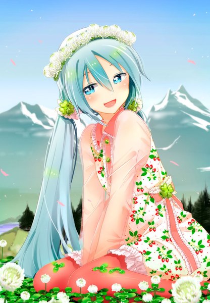 Anime picture 761x1096 with vocaloid hatsune miku agonasubi single long hair tall image blush open mouth blue eyes smile twintails sky hair flower aqua hair mountain girl flower (flowers) plant (plants) petals tree (trees)