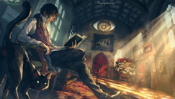 Anime picture 2381x1350 with original yuumei single long hair fringe highres brown hair wide image sitting holding green eyes signed indoors profile sunlight from below dutch angle crossed legs looking down light
