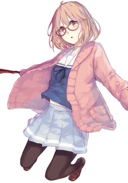 Anime picture 1000x1420 with kyoukai no kanata kyoto animation kuriyama mirai la-na single tall image short hair simple background white background holding brown eyes ahoge pleated skirt orange hair jumping girl skirt weapon pantyhose sword