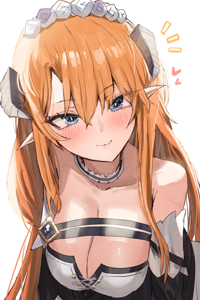 Anime picture 2000x3000 with arknights saileach (arknights) saileach (appreciate fragrance) (arknights) horn/wood single long hair tall image looking at viewer fringe highres breasts blue eyes light erotic simple background smile hair between eyes large breasts white background bare shoulders cleavage