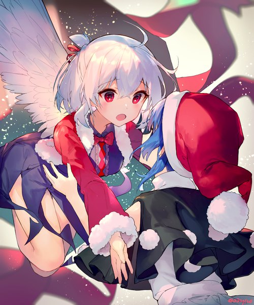 Anime picture 1000x1200 with touhou kishin sagume doremy sweet ainy tall image blush fringe short hair open mouth hair between eyes red eyes multiple girls signed blue hair silver hair ahoge bent knee (knees) :o fur trim twitter username