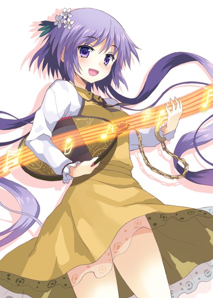 Anime picture 1429x2000 with touhou tsukumo benben rasahan (artist) single tall image looking at viewer blush open mouth simple background white background purple eyes twintails purple hair very long hair hair flower shadow low twintails girl dress hair ornament