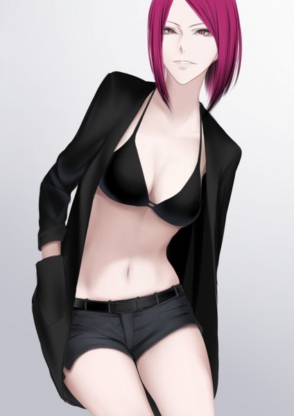 Anime picture 904x1280 with original erise single tall image looking at viewer fringe short hair breasts light erotic simple background standing pink hair cleavage parted lips pink eyes grey background open jacket teeth gradient background hands in pockets