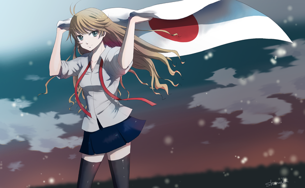 Anime picture 1920x1181 with original shamova miki single long hair looking at viewer blush fringe highres blue eyes smile brown hair wide image standing holding signed payot sky cloud (clouds) ahoge outdoors