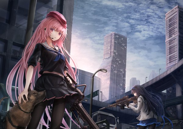 Anime picture 1300x919 with girls frontline ntw-20 (girls frontline) super sass (girls frontline) shumeia long hair fringe open mouth black hair standing purple eyes multiple girls holding payot looking away pink hair sky cloud (clouds) outdoors blunt bangs long sleeves