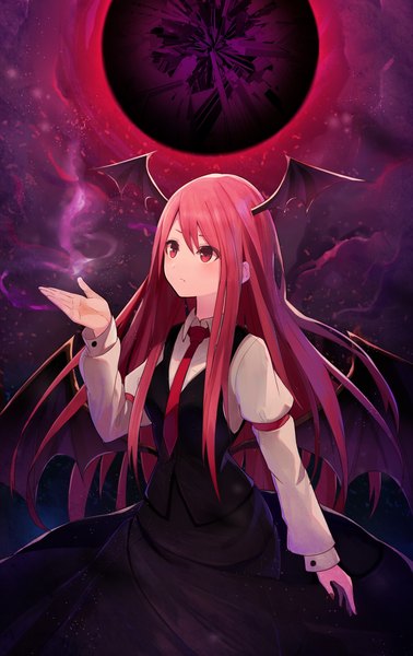 Anime picture 1488x2360 with touhou koakuma fami (yellow skies) single long hair tall image red eyes payot looking away red hair long sleeves nail polish puffy sleeves bat wings head wings demon wings frown low wings formal >:(