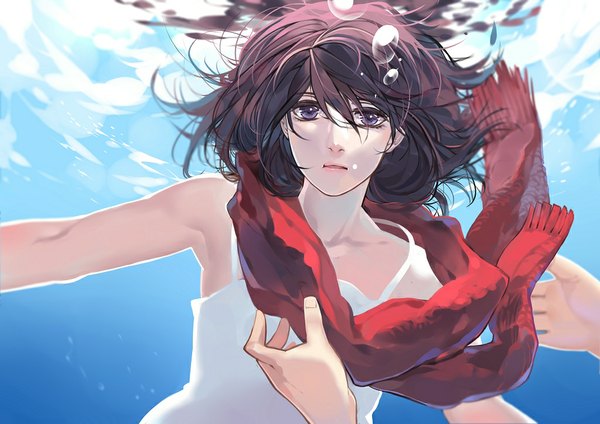 Anime picture 1024x725 with shingeki no kyojin production i.g mikasa ackerman gu-ko citemer long hair looking at viewer open mouth brown hair purple eyes underwater girl scarf bubble (bubbles) red scarf hands