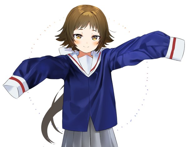 Anime picture 1675x1316 with mikakunin de shinkoukei doga kobo mitsumine mashiro meettheton single long hair looking at viewer blush fringe simple background smile brown hair standing white background brown eyes long sleeves pleated skirt spread arms low ponytail hands in sleeves