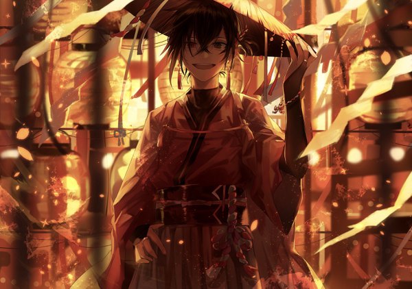 Anime picture 2440x1718 with original tsugutoku single looking at viewer fringe highres short hair black hair hair between eyes red eyes green eyes traditional clothes japanese clothes wind wide sleeves hand on hip heterochromia boy hat straw hat