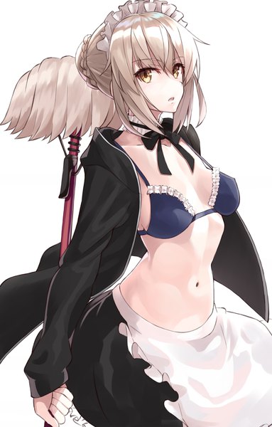 Anime picture 900x1407 with fate (series) fate/grand order artoria pendragon (all) artoria pendragon (alter swimsuit rider) (fate) shunichi single tall image looking at viewer fringe short hair breasts open mouth light erotic simple background blonde hair hair between eyes standing white background holding yellow eyes