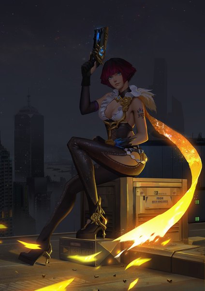 Anime picture 1000x1414 with age of gunslingers puz lee single tall image fringe short hair breasts blue eyes light erotic large breasts sitting cleavage purple hair bent knee (knees) outdoors blunt bangs arm up light smile night tattoo