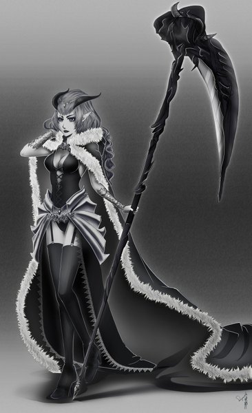 Anime picture 1024x1676 with original sakuyasworld (artist) single long hair tall image breasts light erotic looking away horn (horns) pointy ears monochrome girl thighhighs dress black thighhighs boots scythe queen