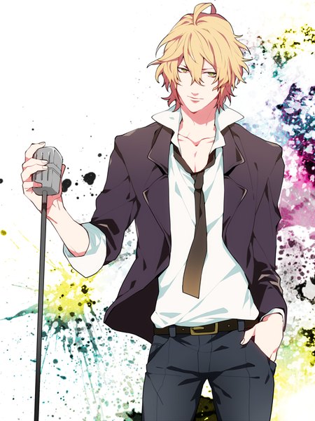 Anime picture 630x840 with uta no prince-sama a-1 pictures shinomiya satsuki yuzumame single tall image looking at viewer short hair blonde hair standing white background green eyes ahoge open collar hand in pocket boy necktie microphone microphone stand