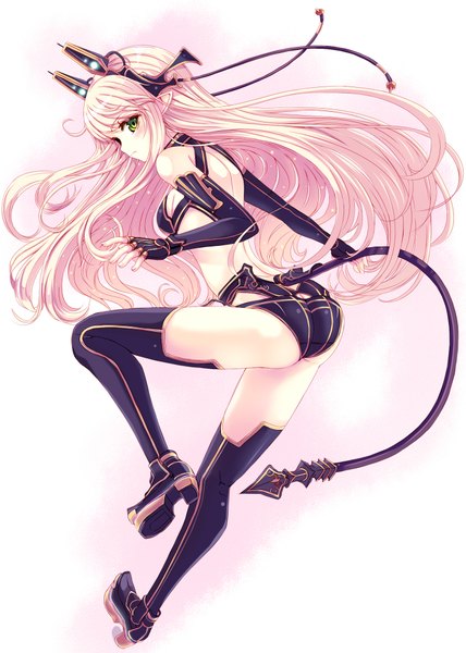 Anime picture 1400x1960 with soccer spirits reason (ficafe) single long hair tall image looking at viewer blush light erotic simple background white background green eyes pink hair bent knee (knees) tail high heels spread arms elf bare back mechanical girl