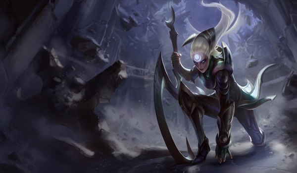Anime picture 1400x815 with league of legends diana (league of legends) single long hair wide image white hair tattoo ruins girl gloves hair ornament weapon armor fingerless gloves