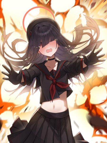 Anime picture 6000x8004 with blue archive justice committee club member (blue archive) kuren kren single long hair tall image looking at viewer highres black hair red eyes absurdres one eye closed midriff tears outstretched hand hair over eyes explosion girl gloves navel