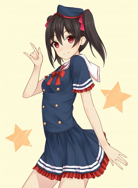 Anime picture 732x1000 with love live! school idol project sunrise (studio) love live! yazawa nico hiiragi hajime single long hair tall image looking at viewer blush black hair simple background smile red eyes standing twintails yellow background mmm girl uniform