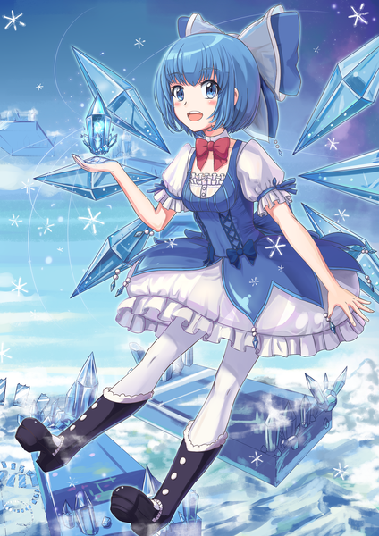 Anime picture 1400x1979 with touhou cirno huanghyy single tall image looking at viewer fringe short hair open mouth blue eyes smile blue hair sky blunt bangs puffy sleeves bob cut adapted costume girl dress bow
