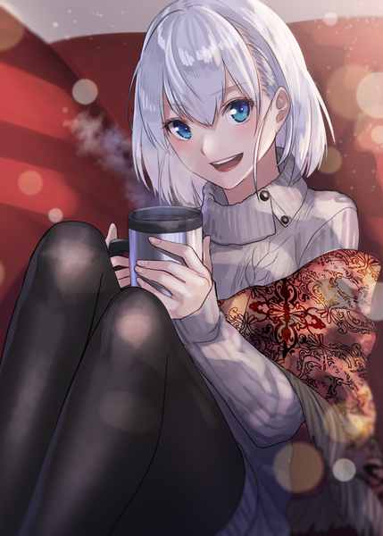 Anime picture 1296x1812 with original lip-mil single tall image looking at viewer blush fringe short hair open mouth blue eyes smile hair between eyes sitting holding silver hair :d teeth lens flare sleeves past wrists steam