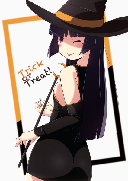 Anime picture 1000x1414 with ore no imouto ga konna ni kawaii wake ga nai gokou ruri suzumeko single long hair tall image blush black hair purple eyes one eye closed wink halloween :p witch trick or treat girl dress detached sleeves tongue witch hat