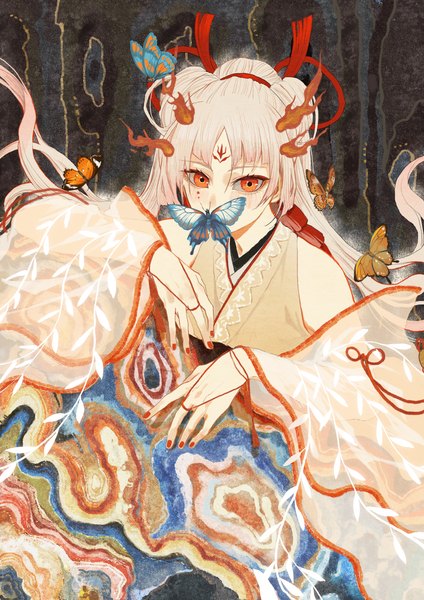 Anime picture 2480x3508 with onmyoji shiranui (onmyoji) dongdi cangyang single long hair tall image highres red eyes silver hair nail polish covered mouth red nail polish forehead mark girl insect butterfly