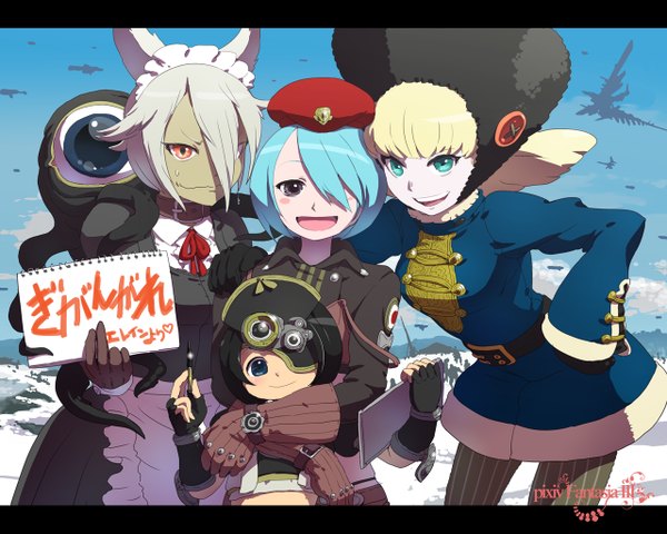Anime picture 1280x1024 with original pixiv fantasia pixiv fantasia iii jason (artist) looking at viewer blush fringe short hair open mouth blue eyes black hair blonde hair smile red eyes multiple girls blue hair black eyes hair over one eye inscription maid