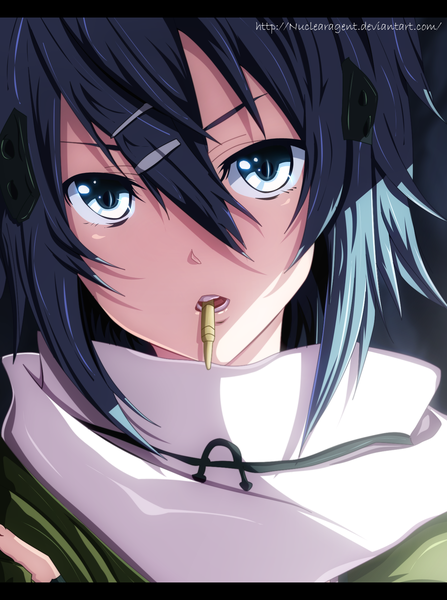 Anime picture 1328x1780 with sword art online a-1 pictures asada shino nuclearagent single tall image fringe short hair blue eyes black hair hair between eyes holding sunlight coloring mouth hold letterboxed close-up girl hair ornament hairclip