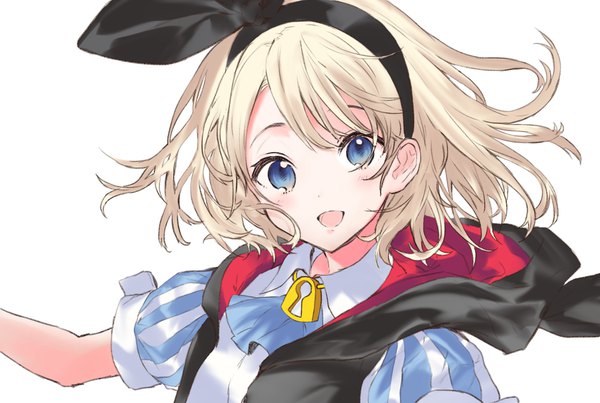 Anime picture 2060x1384 with alice in wonderland alice (wonderland) hanekoto single looking at viewer blush fringe highres short hair open mouth blue eyes blonde hair simple background smile white background upper body :d short sleeves puffy sleeves girl