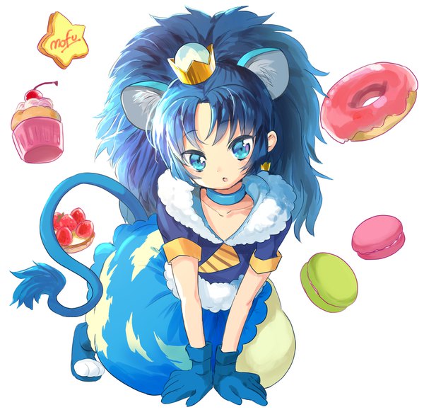 Anime picture 1642x1612 with precure kirakira precure a la mode toei animation tategami aoi cure gelato koga (masaka panda) single long hair looking at viewer blue eyes simple background white background animal ears blue hair full body ponytail tail animal tail magical girl lion ears