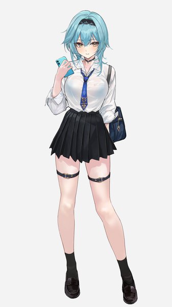 Anime picture 1152x2048 with genshin impact eula lawrence mexif single tall image looking at viewer fringe breasts light erotic simple background hair between eyes standing white background holding brown eyes yellow eyes blue hair full body pleated skirt arm up