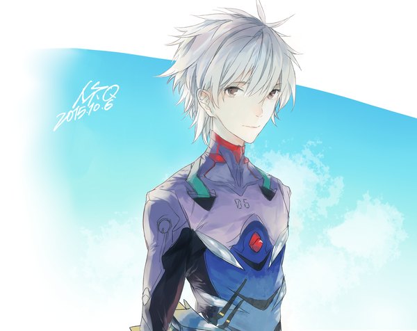 Anime picture 3057x2427 with neon genesis evangelion gainax nagisa kaworu messikid single looking at viewer fringe highres short hair simple background hair between eyes brown eyes signed absurdres silver hair upper body dated boy bodysuit pilot suit