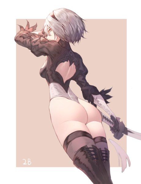 Anime picture 3150x4095 with nier nier:automata yorha no. 2 type b peulopi single tall image looking at viewer fringe highres short hair breasts light erotic simple background hair between eyes standing holding absurdres silver hair arm up from behind