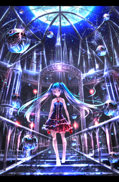Anime picture 785x1200 with original ryosios single long hair tall image looking at viewer blue eyes twintails blue hair barefoot girl dress shoes moon castle