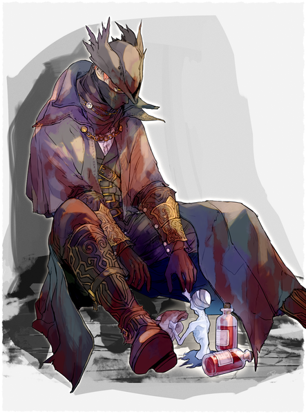 Anime-Bild 2389x3235 mit bloodborne from software hunter (bloodborne) messengers (bloodborne) nigiri (ngr24) single tall image highres short hair sitting yellow eyes looking away orange hair looking down covered mouth against wall bloody clothes boy gloves hat