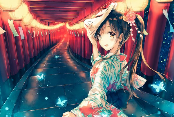 Anime picture 1273x857 with original sano mana hiten (hitenkei) single long hair looking at viewer blush fringe open mouth black hair smile holding brown eyes upper body traditional clothes :d japanese clothes looking back hair flower wide sleeves