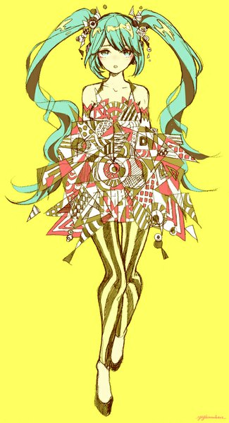 Anime picture 542x1000 with vocaloid hatsune miku yuji kazakiri single long hair tall image looking at viewer fringe open mouth simple background twintails signed bent knee (knees) aqua eyes aqua hair alternate costume yellow background abstract girl hair ornament