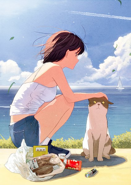Anime picture 1414x2000 with original yukihiro nakamura single tall image short hair brown hair bare shoulders sky cloud (clouds) outdoors profile wind shadow sleeveless squat horizon summer dust condensation trail headpat