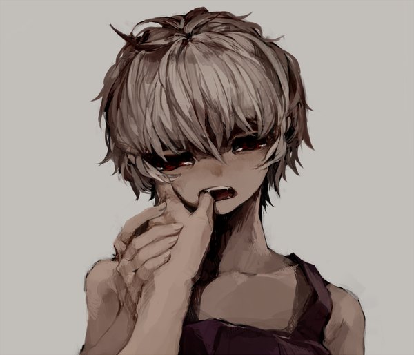 Anime picture 1050x900 with .flow sabitsuki met-tha single looking at viewer short hair open mouth simple background red eyes grey hair grey background teeth fang (fangs) finger in mouth girl hand