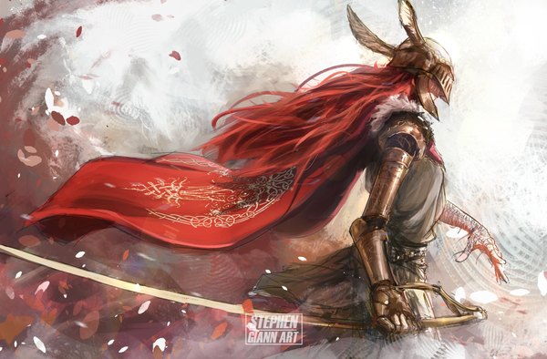 Anime picture 3659x2402 with elden ring malenia blade of miquella stephengiannart single long hair highres standing holding signed absurdres red hair wind girl weapon cape helmet prosthesis blade