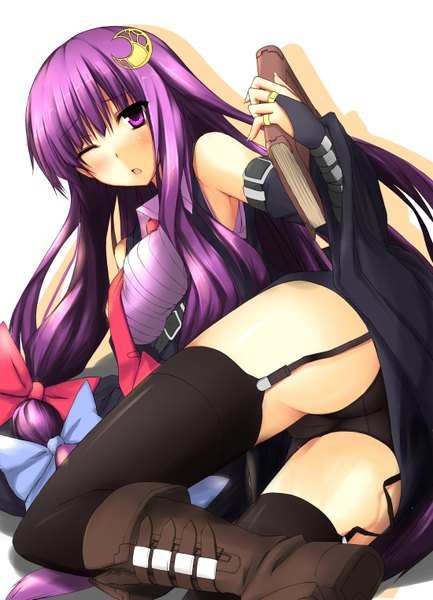 Anime picture 2200x3050 with touhou patchouli knowledge tozuka natsuru single long hair tall image blush highres open mouth light erotic purple eyes purple hair ass one eye closed wink girl thighhighs underwear panties bow