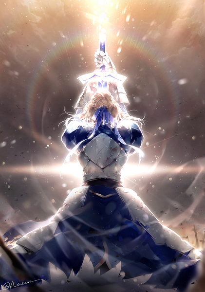 Anime picture 783x1117 with fate (series) fate/stay night artoria pendragon (all) saber sueun single tall image short hair blonde hair standing signed sky cloud (clouds) outdoors braid (braids) long sleeves wind from behind arms up hair bun (hair buns)