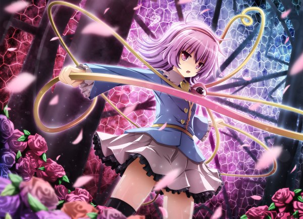 Anime picture 1200x869 with touhou komeiji satori akashio (loli ace) short hair purple eyes purple hair girl skirt flower (flowers)