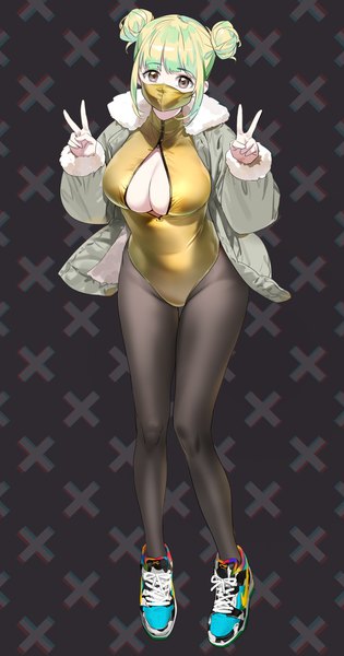 Anime picture 2079x3966 with original yd (orange maru) single tall image looking at viewer fringe highres short hair breasts light erotic simple background large breasts standing brown eyes payot full body blunt bangs long sleeves green hair open jacket