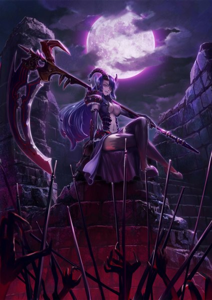 Anime picture 1283x1821 with original iceojin single long hair tall image light erotic smile sitting blue hair pink eyes horn (horns) night crossed legs center opening ruins rock girl thighhighs weapon moon