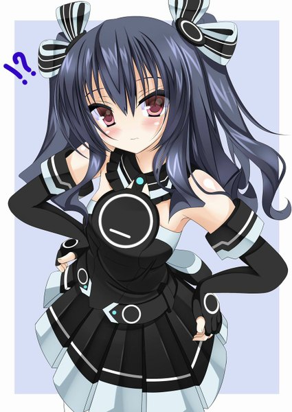 Anime picture 1000x1412 with choujigen game neptune hyperdimension neptunia mk2 uni (choujigen game neptune) lieselotte (artist) single long hair tall image looking at viewer blush black hair simple background red eyes hands on hips girl dress gloves bow hair bow elbow gloves