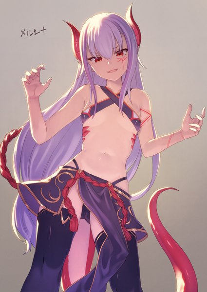 Anime picture 2508x3541 with original melusine (ibuki notsu) ibuki notsu single long hair tall image looking at viewer fringe highres open mouth light erotic simple background hair between eyes red eyes bare shoulders payot silver hair tail head tilt horn (horns)