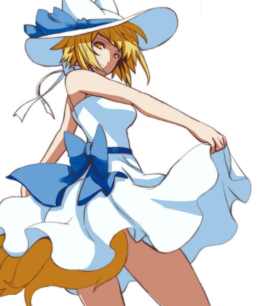 Anime picture 1200x1400 with touhou yakumo ran dearmybrothers single tall image looking at viewer fringe short hair breasts blonde hair standing holding yellow eyes tail animal tail light smile from below multiple tails girl dress